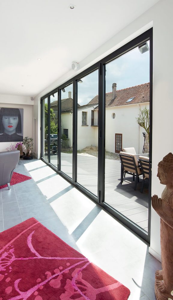 Close black aluminium bifold door interior view