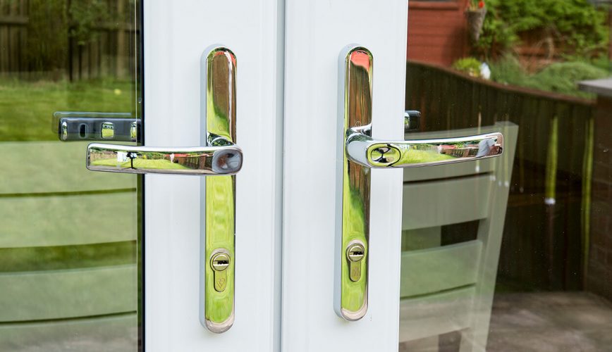 Close up of uPVC french door handles
